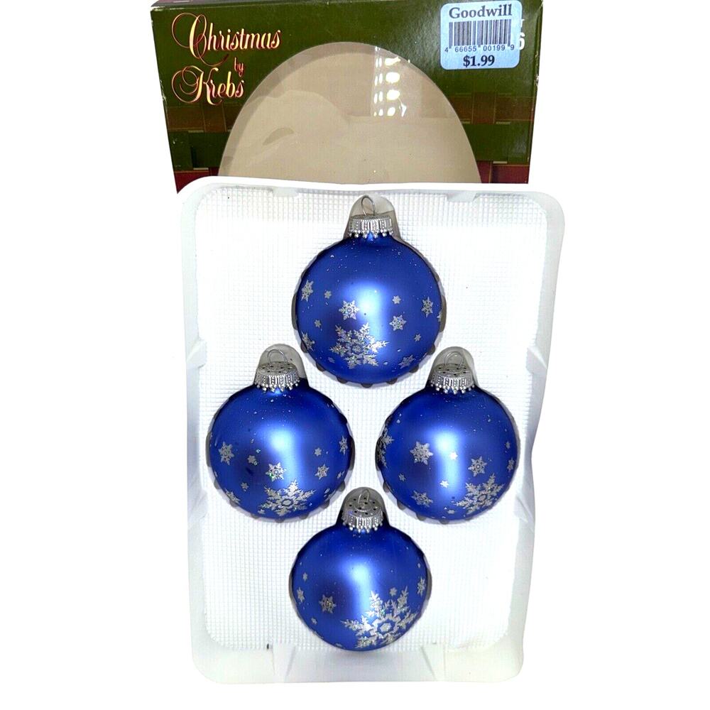 4 Vintage Christmas By Krebs Blue‎ Glass Ball Ornament Silver Snowflake 2.5"
